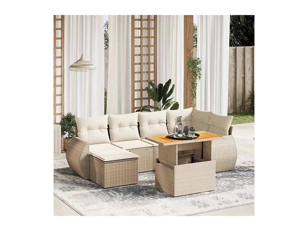 Set Divani da Giardino 7 pz con Cuscini Beige in Polyrattan