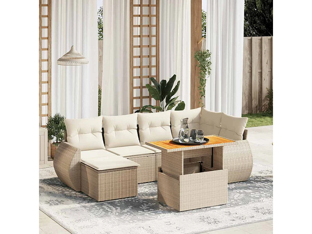 Salon de jardin avec coussins 7 pcs beige résine tressée