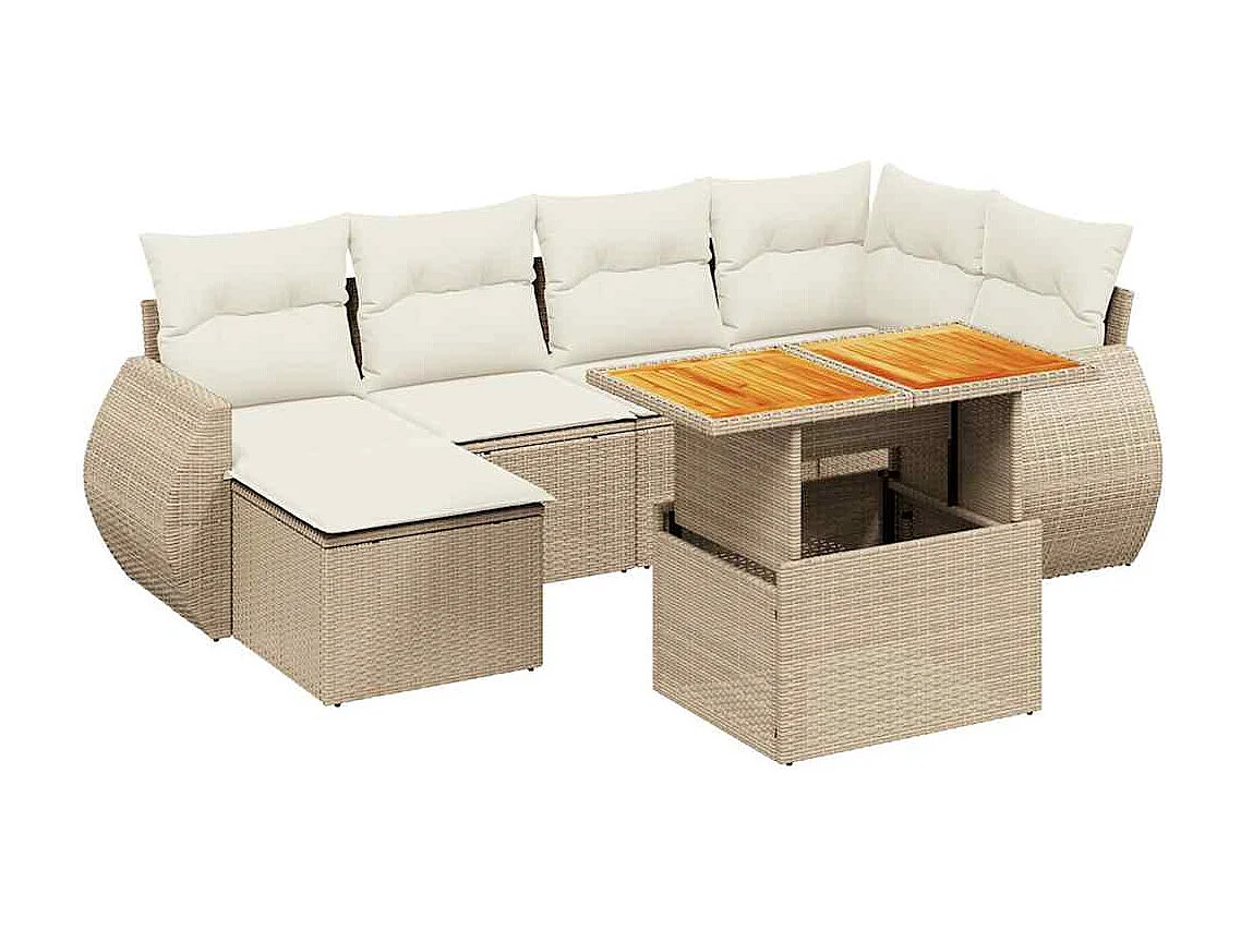 Salon de jardin avec coussins 7 pcs beige résine tressée