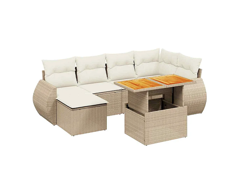 7-delige Loungeset met kussens poly rattan beige