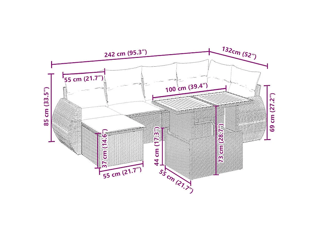 7-delige Loungeset met kussens poly rattan beige
