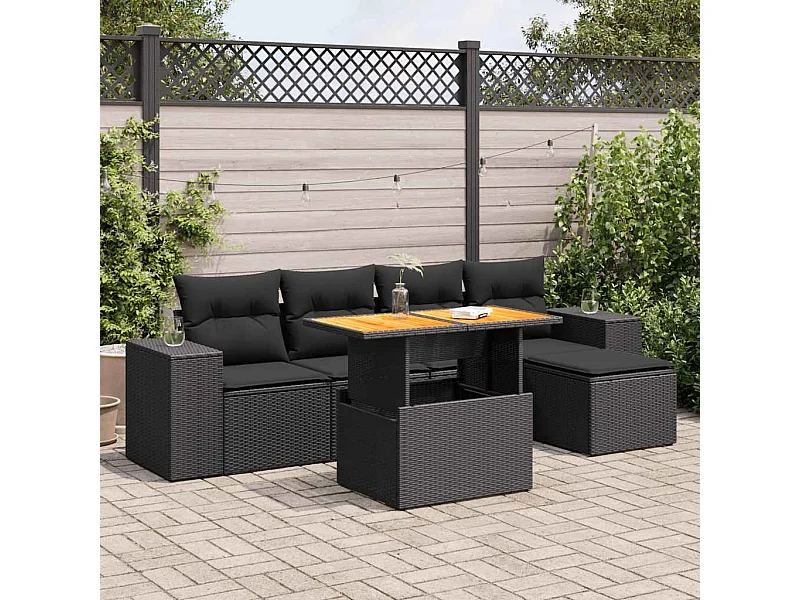 Salon de jardin 6 pcs avec coussins noir résine tressée