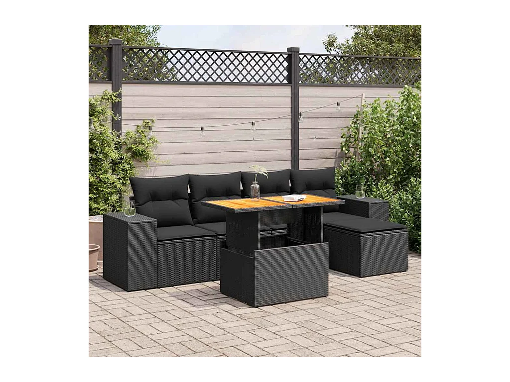 Salon de jardin 6 pcs avec coussins noir résine tressée