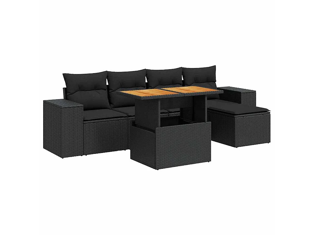 Salon de jardin 6 pcs avec coussins noir résine tressée