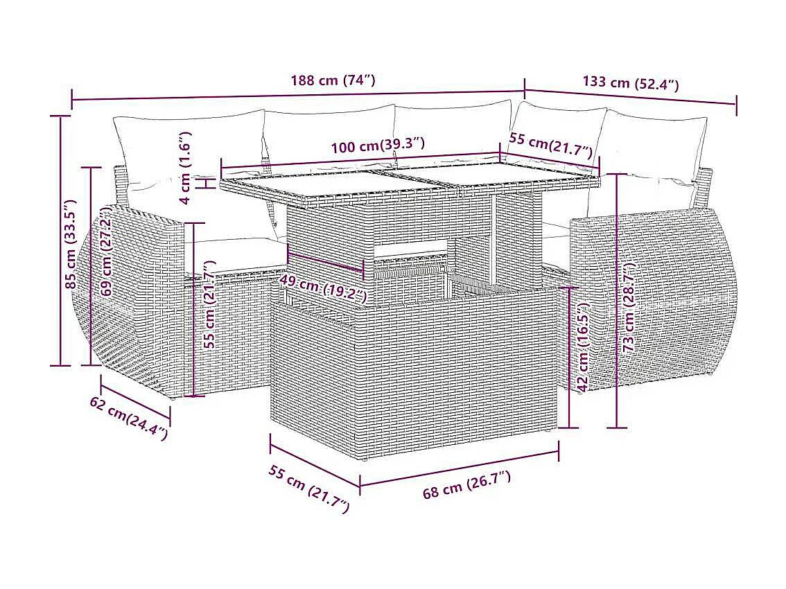Salon de jardin avec coussins 5 pcs marron résine tressée