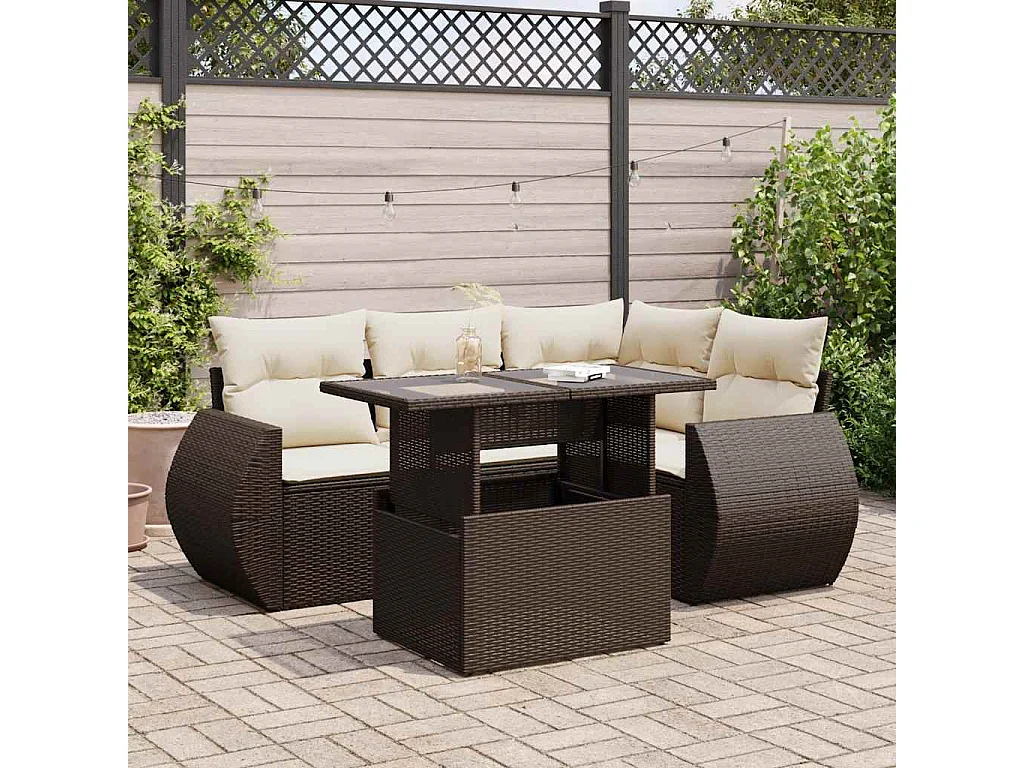 Salon de jardin avec coussins 5 pcs marron résine tressée