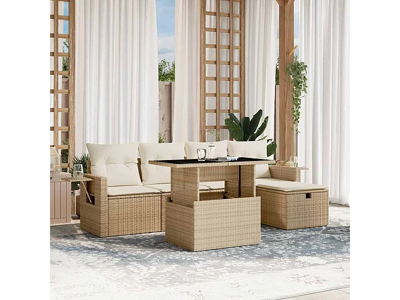 Salon de jardin avec coussins 6 pcs beige résine tressée