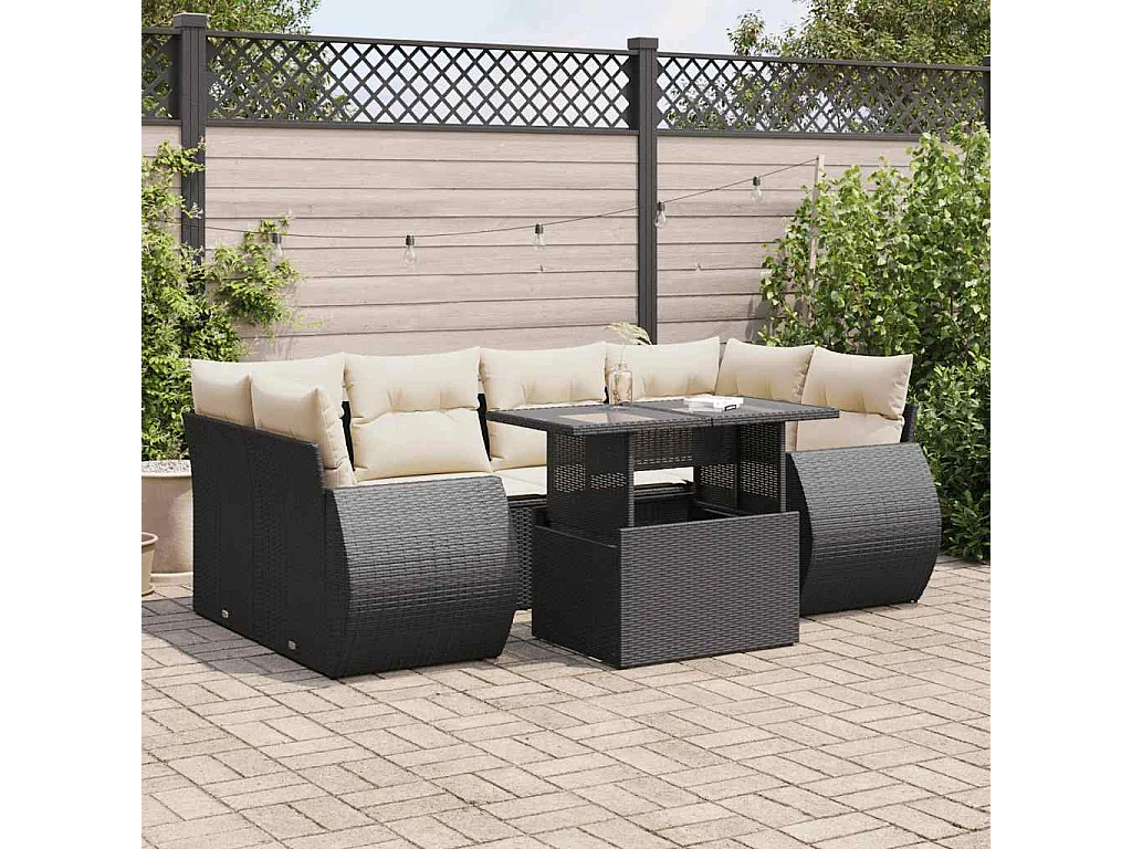 Set Divani da Giardino con Cuscini 7pz Nero Polyrattan
