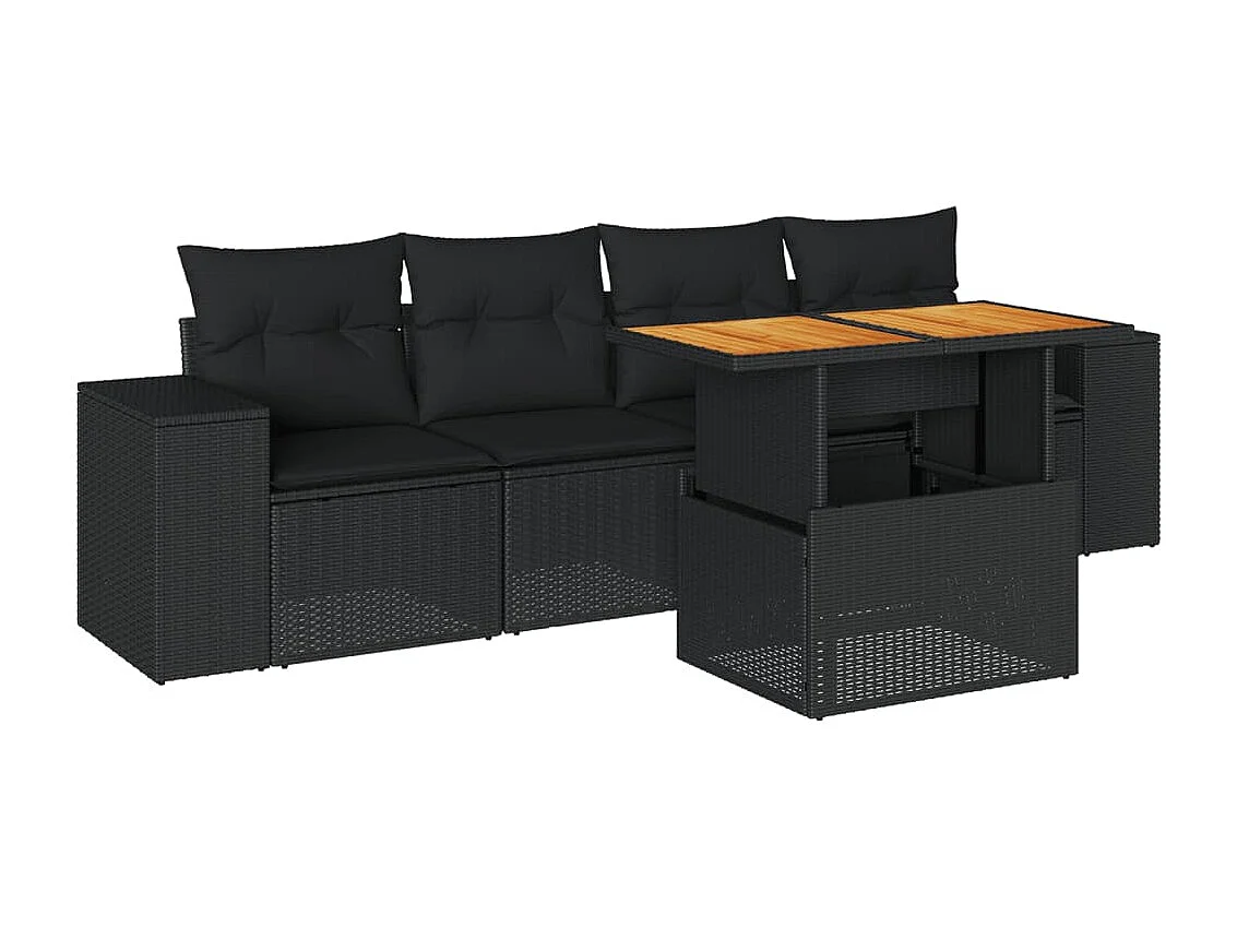 Salon de jardin 5 pcs avec coussins noir résine tressée