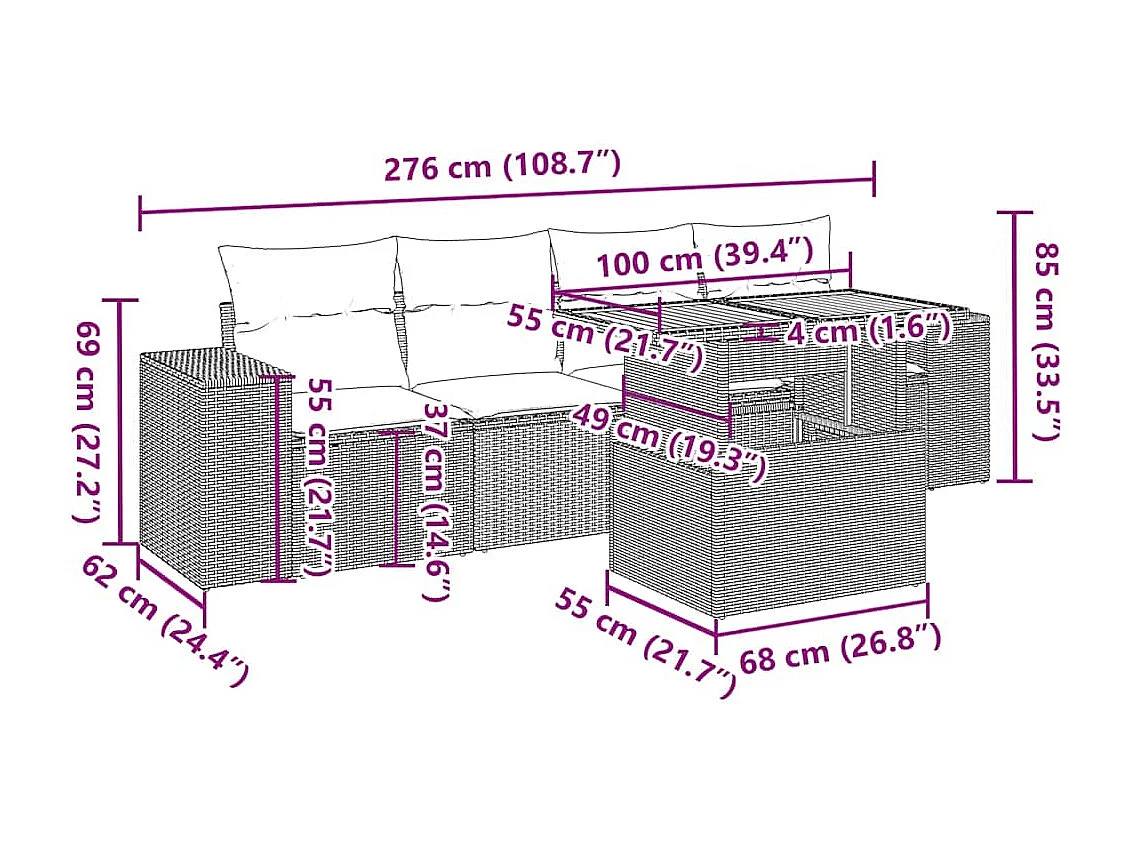 Salon de jardin 5 pcs avec coussins noir résine tressée