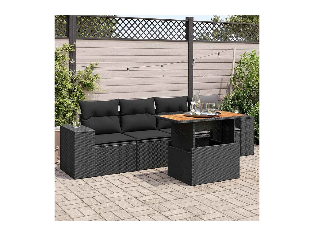 Salon de jardin 5 pcs avec coussins noir résine tressée