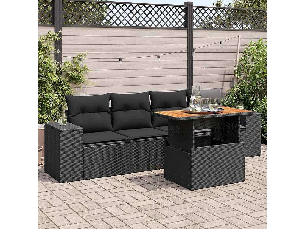 5-tlg. Garten-Sofagarnitur mit Kissen Schwarz Poly Rattan