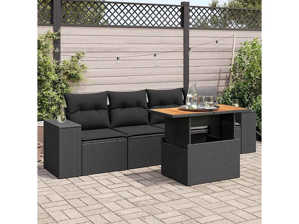 Salon de jardin 5 pcs avec coussins noir résine tressée
