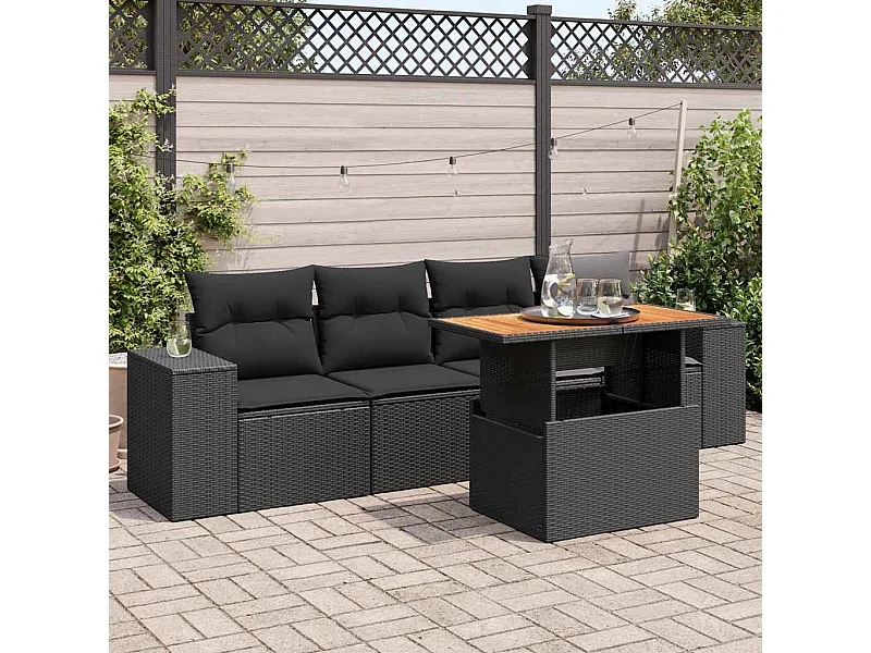 Salon de jardin 5 pcs avec coussins noir résine tressée