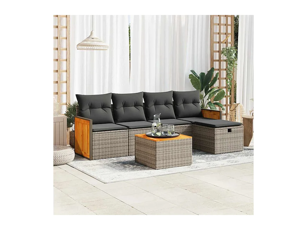 Salon de jardin 6 pcs avec coussins gris résine tressée