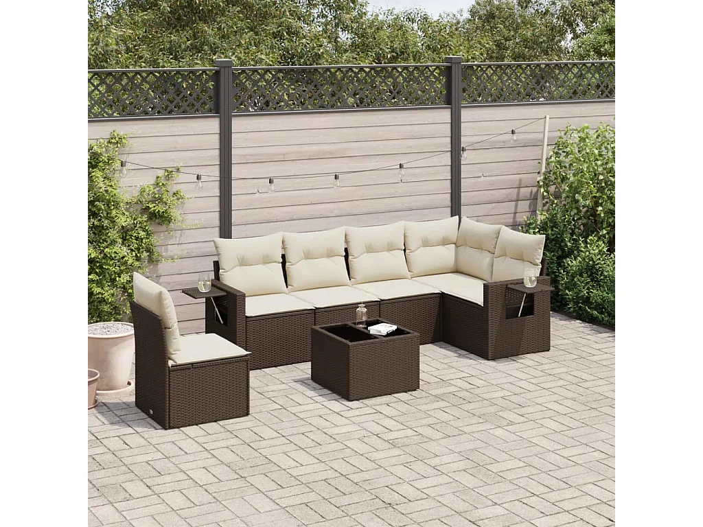 Salon de jardin avec coussins 7 pcs marron résine tressée