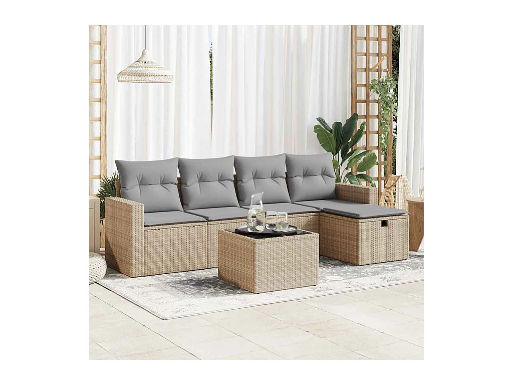 Salon de jardin avec coussins 6 pcs beige résine tressée