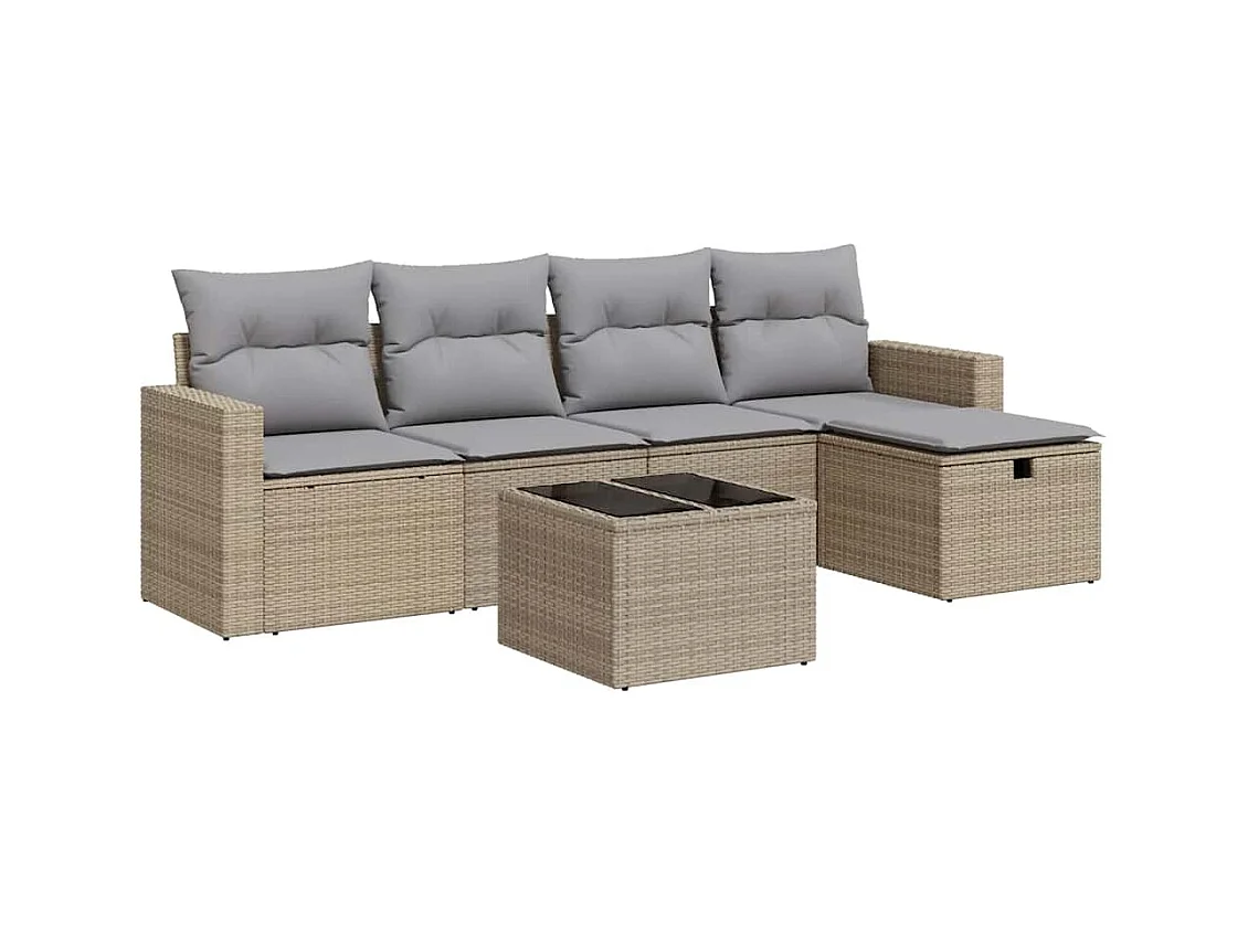 6-delige Loungeset met kussens poly rattan beige