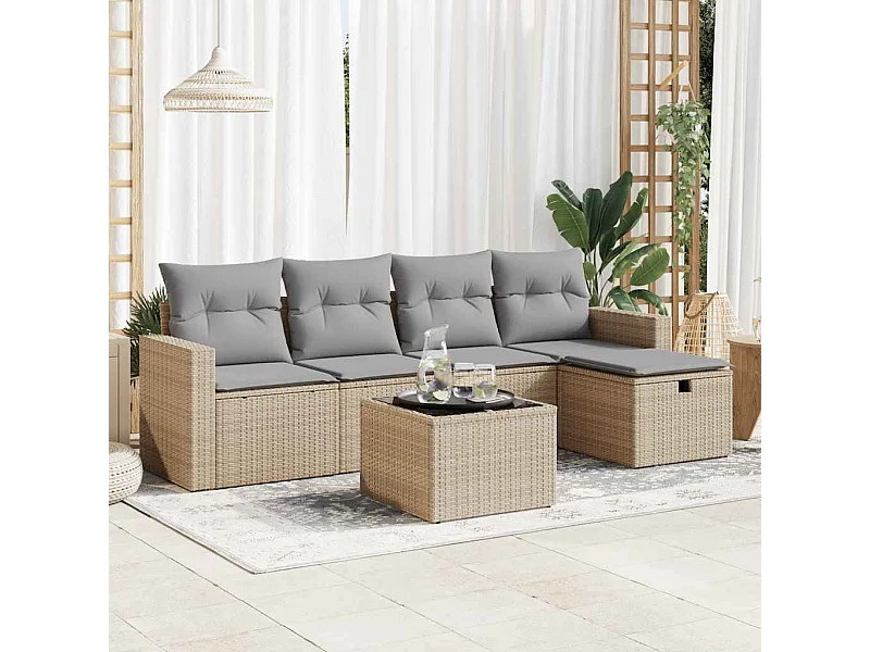 Salon de jardin avec coussins 6 pcs beige résine tressée