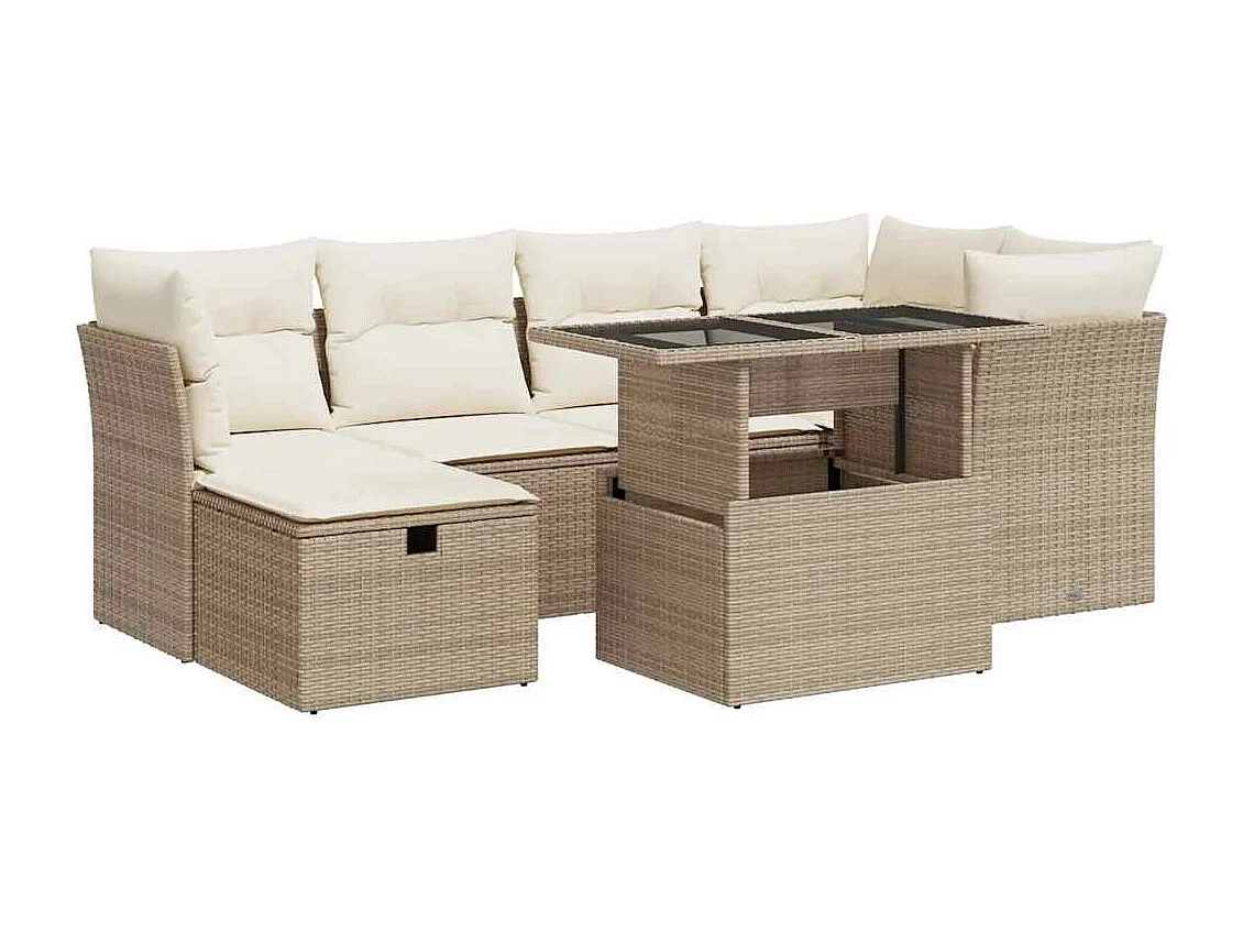 7-tlg. Garten-Sofagarnitur mit Kissen Beige Poly Rattan