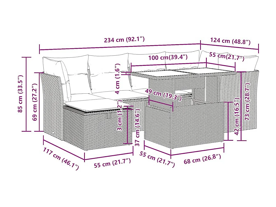 7-tlg. Garten-Sofagarnitur mit Kissen Beige Poly Rattan