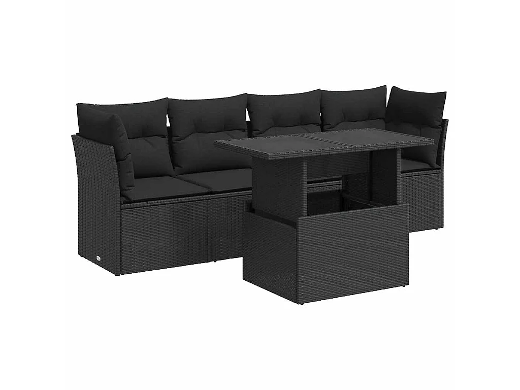 5 pcs conjunto sofás de jardim com almofadões vime PE preto