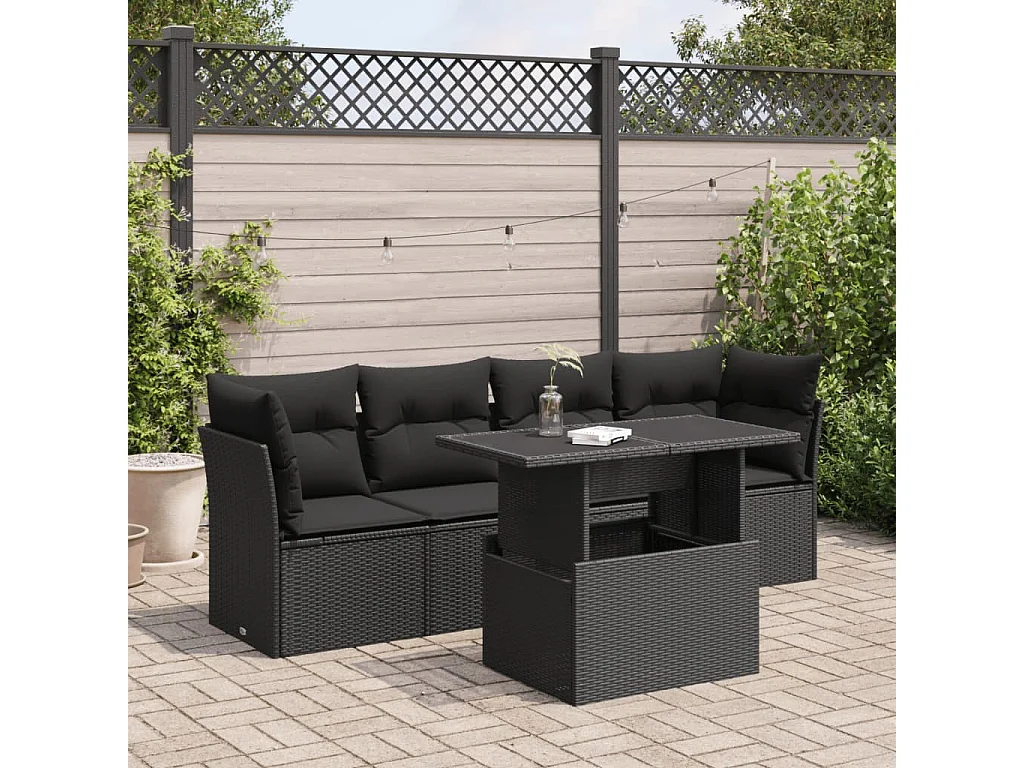 5 pcs conjunto sofás de jardim com almofadões vime PE preto