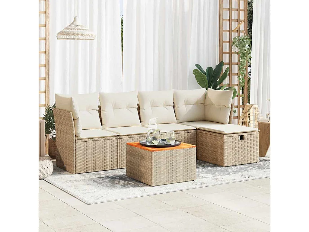 Set Divano da Giardino 6 pz con Cuscini Beige in Polyrattan