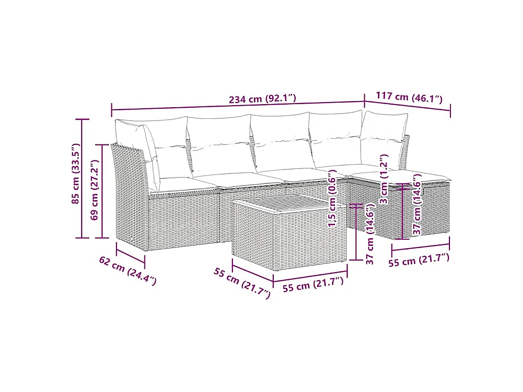 6-delige Loungeset met kussens poly rattan beige