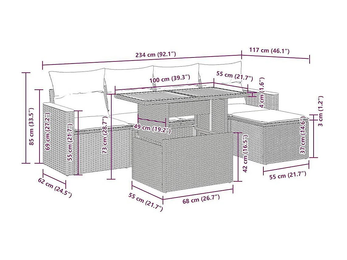 Salon de jardin 6 pcs avec coussins beige résine tressée acacia