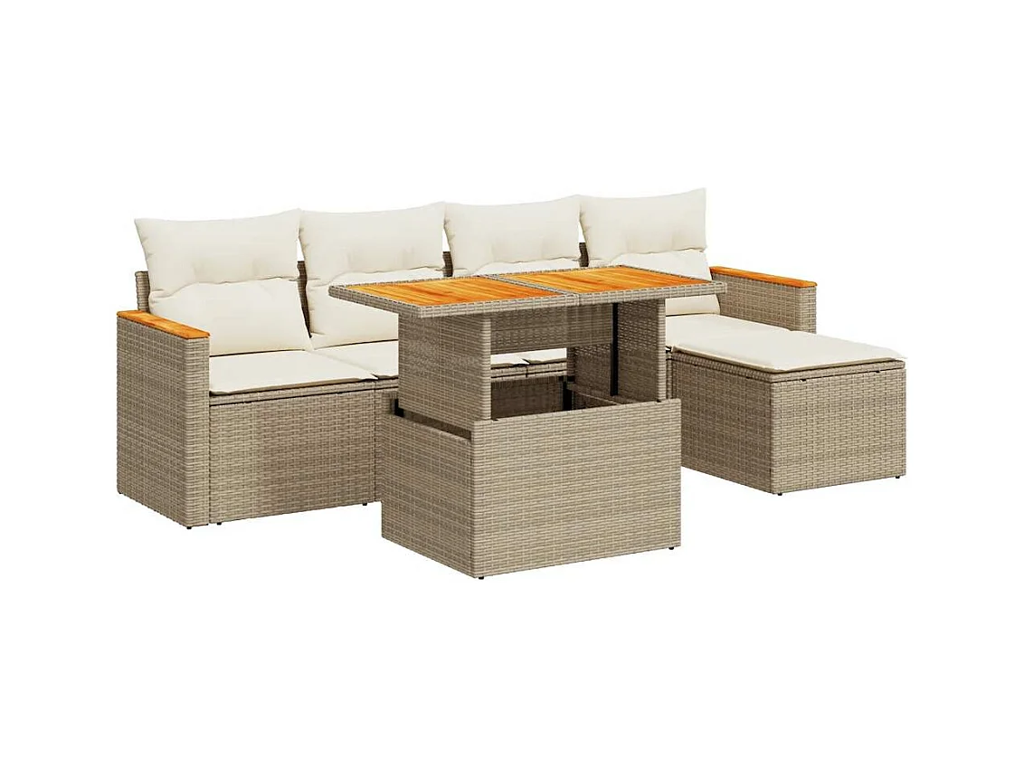 6-tlg. Garten-Sofagarnitur mit Kissen Beige Poly Rattan Akazie