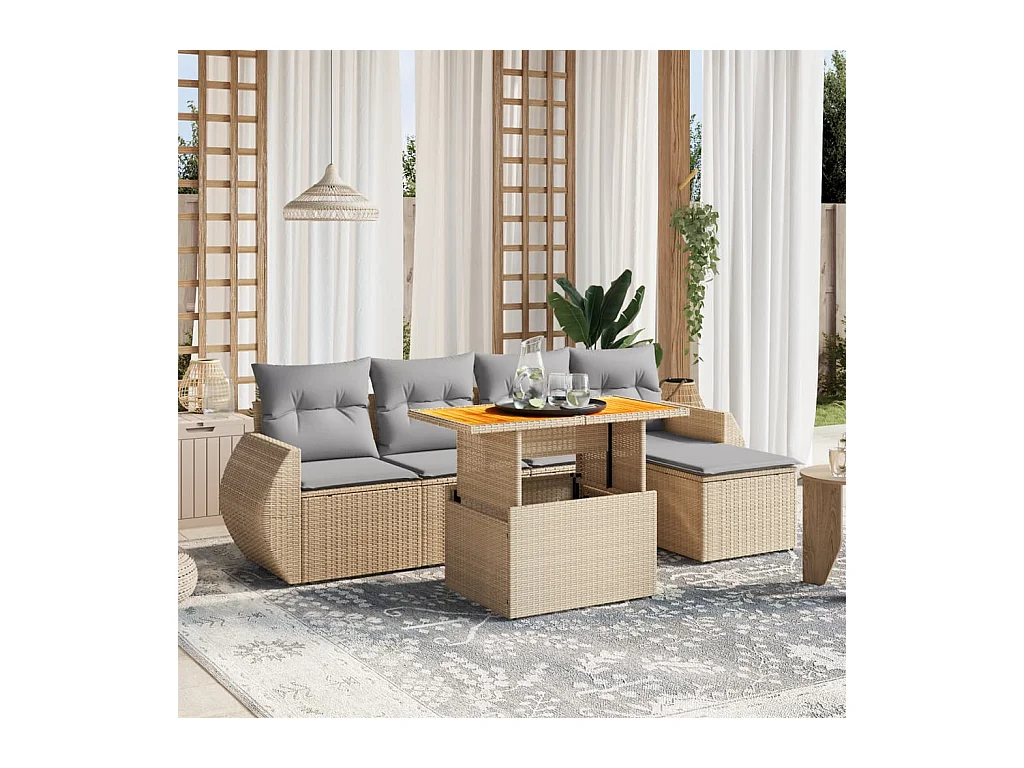 Salon de jardin avec coussins 6 pcs beige résine tressée