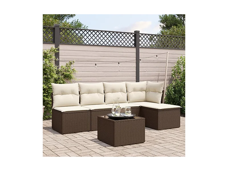 Salon de jardin avec coussins 6 pcs marron résine tressée