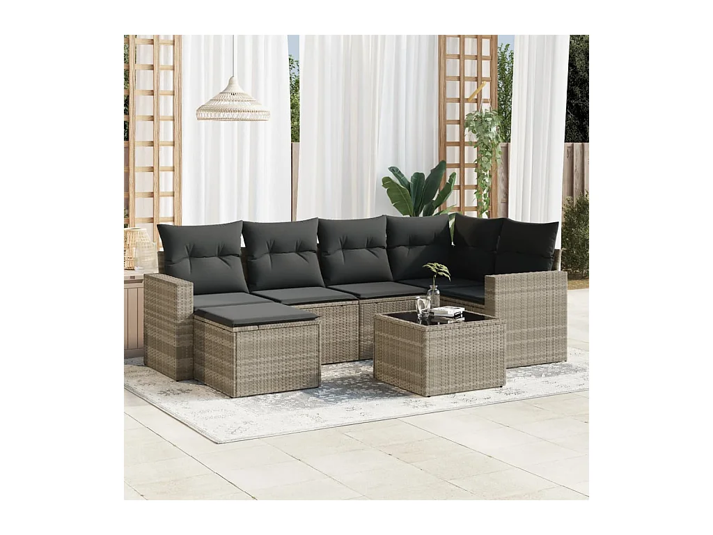 7-tlg. Garten-Sofagarnitur mit Kissen Hellgrau Poly Rattan