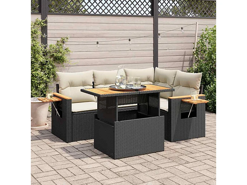 Set Divani da Giardino 5 pz con Cuscini Nero Polyrattan Acacia
