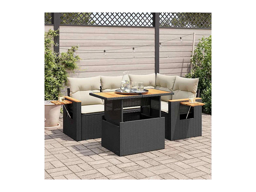 Salon de jardin 5 pcs avec coussins noir résine tressée acacia