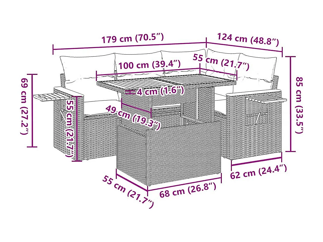 Salon de jardin 5 pcs avec coussins noir résine tressée acacia