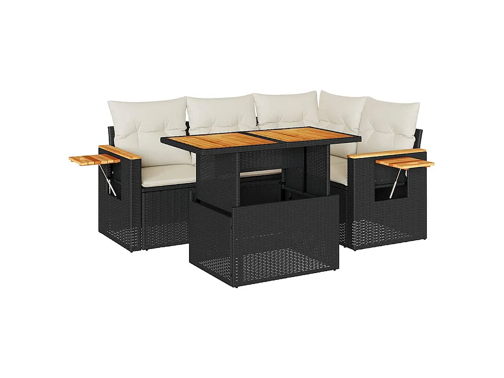 Salon de jardin 5 pcs avec coussins noir résine tressée acacia