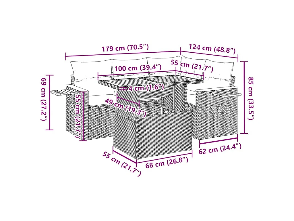 Salon de jardin 5 pcs avec coussins noir résine tressée acacia