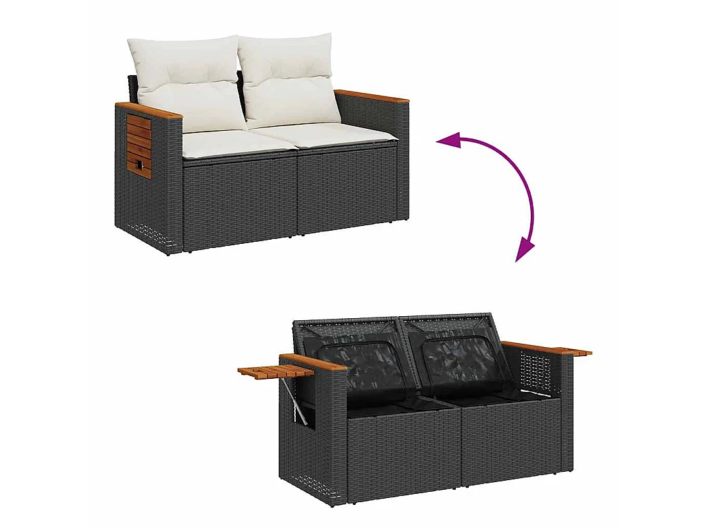 Salon de jardin 5 pcs avec coussins noir résine tressée acacia