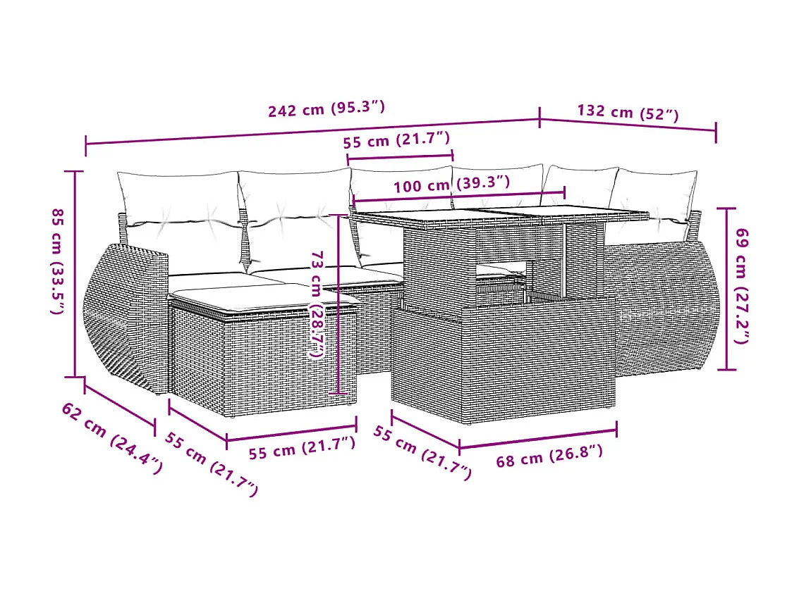 7-tlg. Garten-Sofagarnitur mit Kissen Beige Poly Rattan
