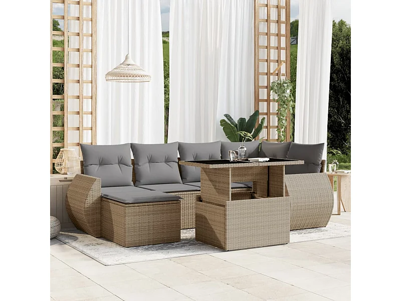 Salon de jardin avec coussins 7 pcs beige résine tressée