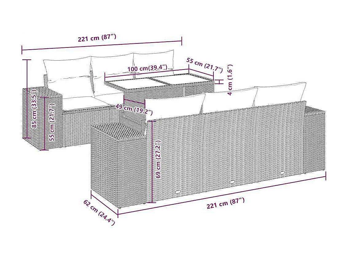 7-tlg. Garten-Sofagarnitur mit Kissen Grau Poly Rattan