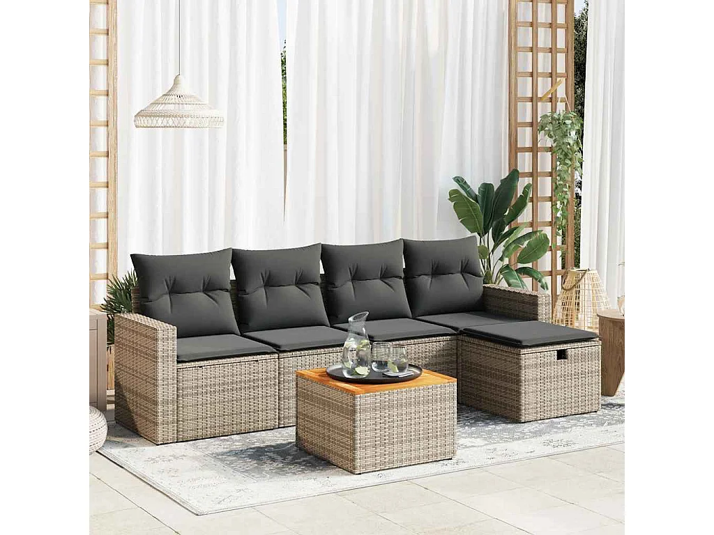 Set Divano da Giardino 6 pz con Cuscini Grigio in Polyrattan
