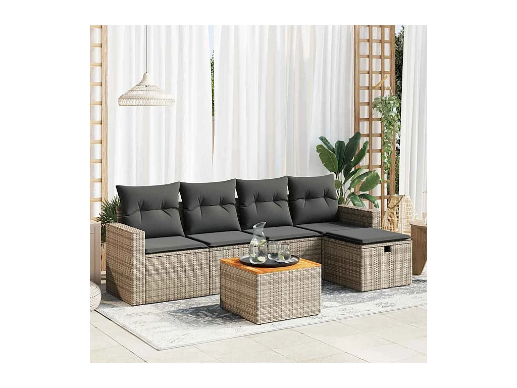 Salon de jardin 6 pcs avec coussins gris résine tressée