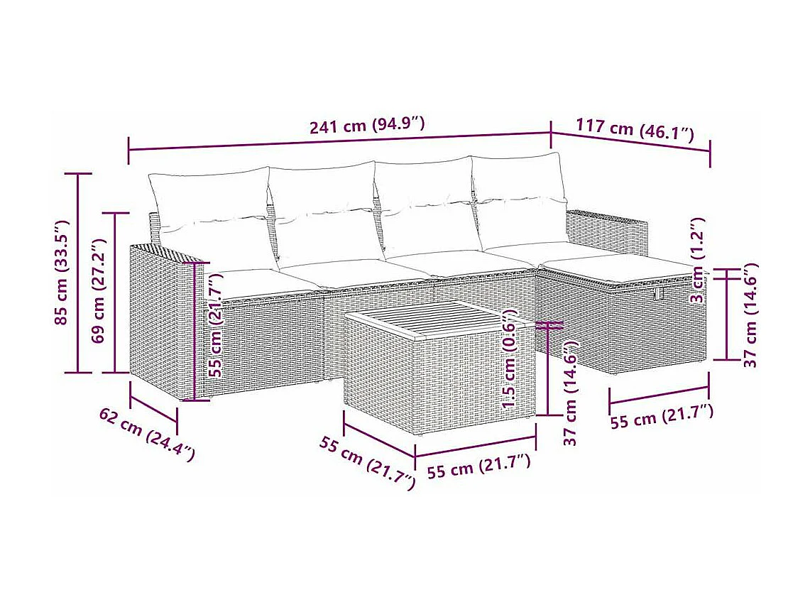 Salon de jardin 6 pcs avec coussins gris résine tressée