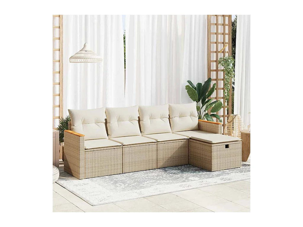 Salon de jardin avec coussins 5 pcs beige résine tressée
