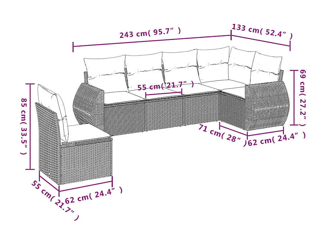 Set Divano da Giardino 6 pz con Cuscini Marrone in Polyrattan
