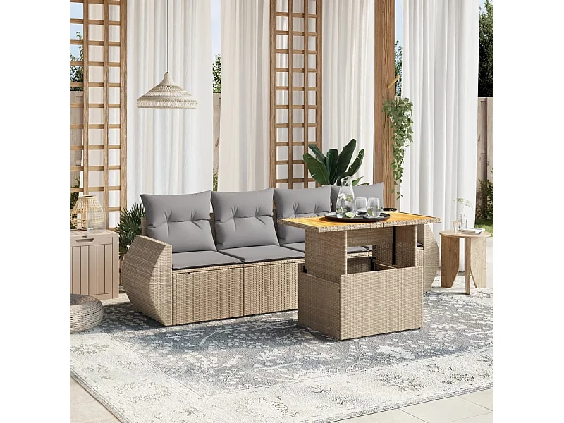 5 pcs conjunto de sofás p/ jardim com almofadões vime PE bege