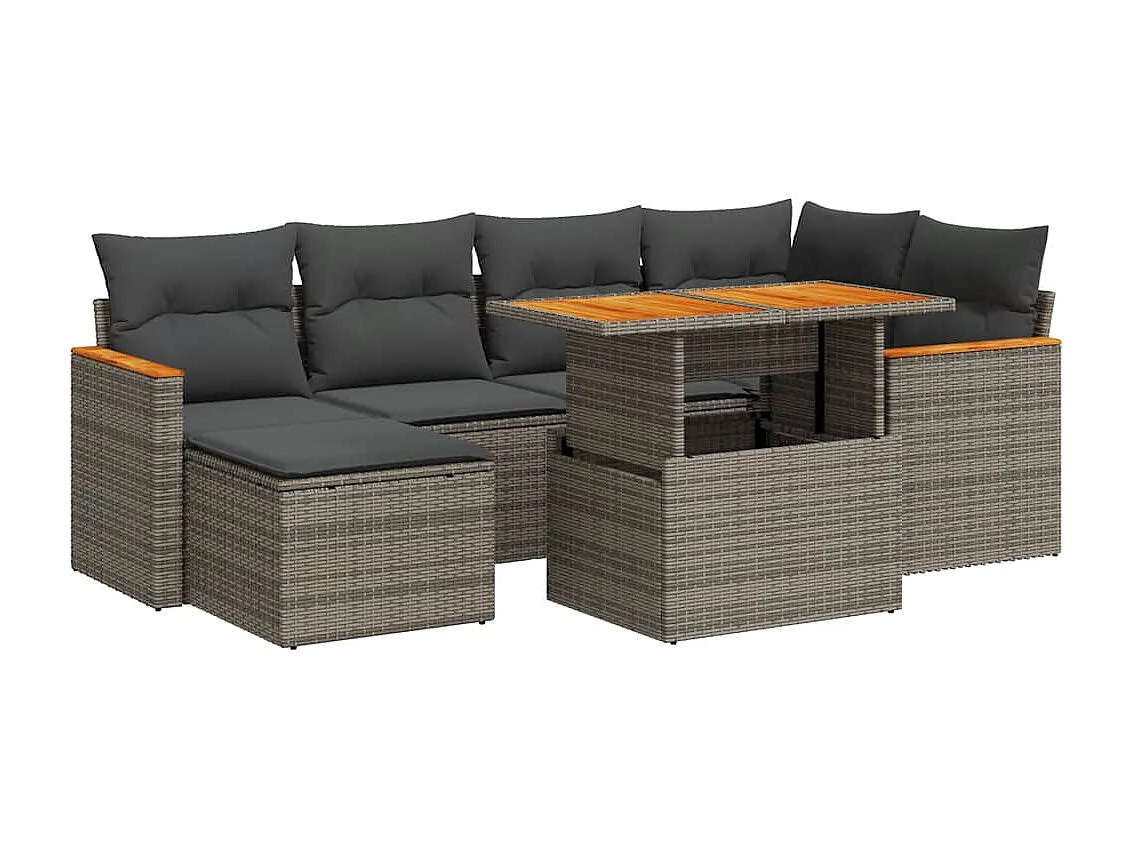 7-delige Loungeset met kussens poly rattan acacia grijs